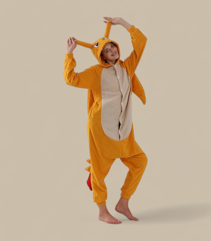 Adult modeling Charizard Onesie showing full front view with wing details and cream belly