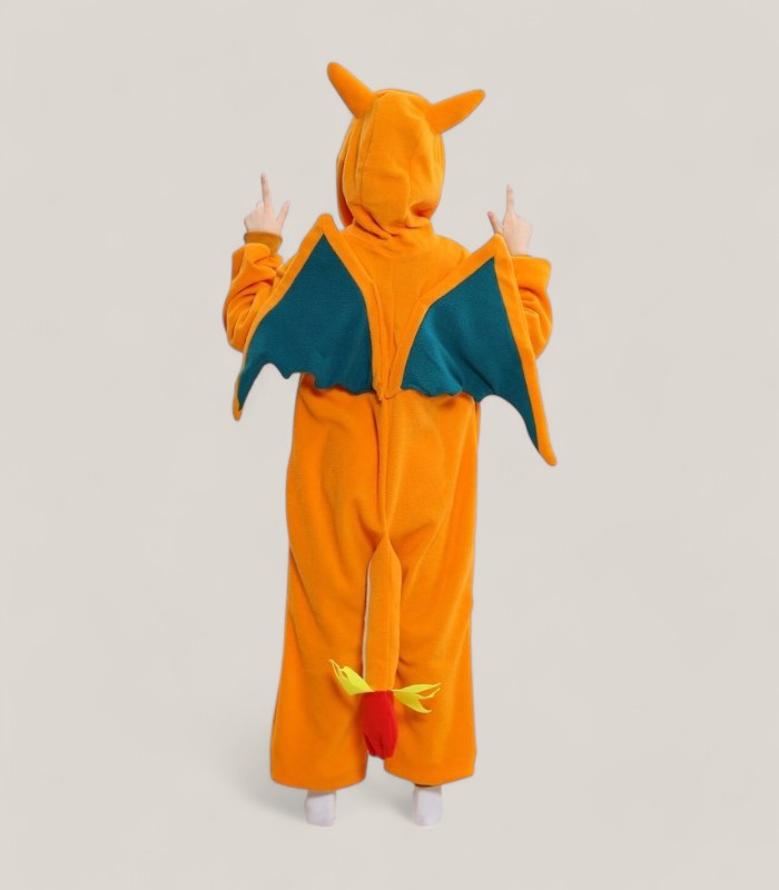 Back view of Charizard Onesie For Kids showing wing design and flame tail detail