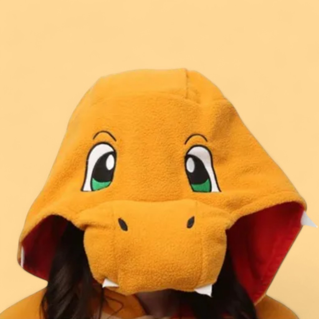 Charmander Onesie 2 Close-up of Charmander Onesie hood showing character face details and design