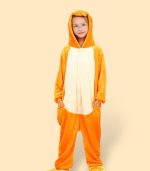 Child wearing Charmander Onesie For Kids showing full front design with hood and cream belly
