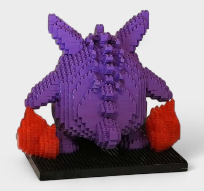 Complete Gengar LEGO Set mounted on display base showing finished model assembly