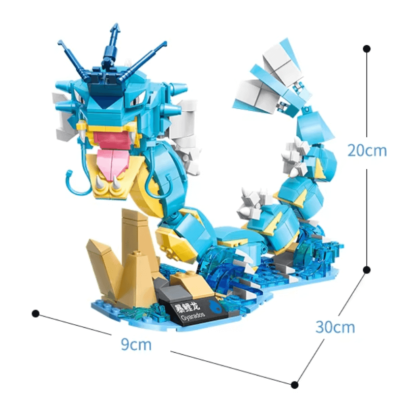 Gyarados LEGO set displayed on a shelf, showcasing its striking design and legendary presence, ideal for collectors and Pokémon fans alike.