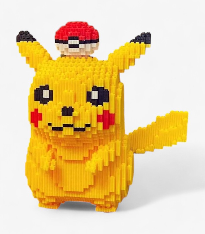Close-up of the Pikachu LEGO set, showcasing its rosy cheeks, expressive eyes, and intricate yellow brick details that bring the Pokémon to life.